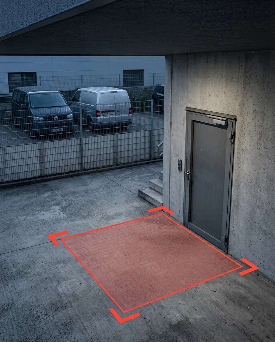 Kameraansicht von oben: ein rot markierter Schutzbereich auf dem Boden vor einer Zugangstür