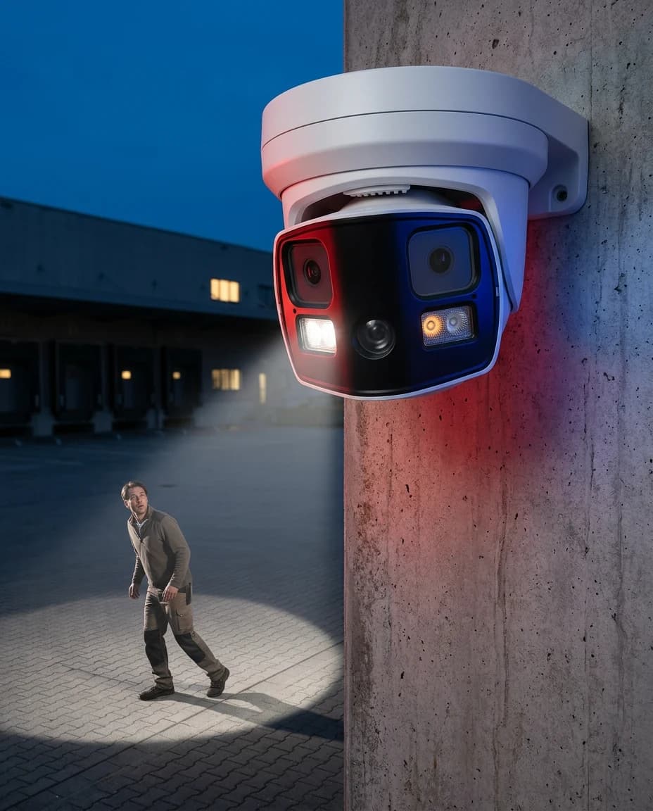 Die Kamera an einer Betonwand bei Nacht: rotes und blaues Warnlicht und ein weißer Lichtkegel, eine Person im Hof blickt zur Kamera zurück