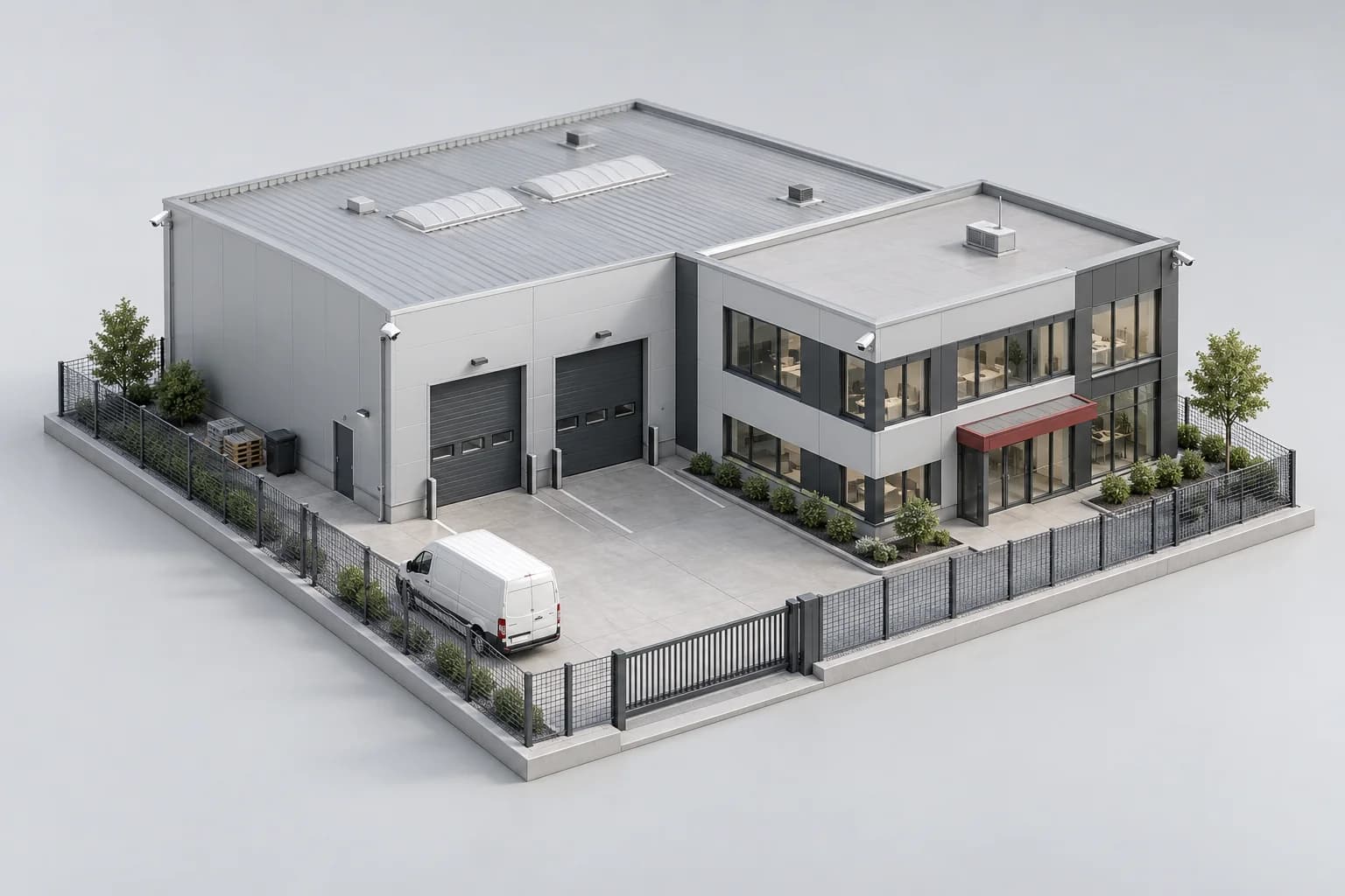 Gewerbeobjekt mit Kameras an Lagerhalle, Büro und Zufahrt