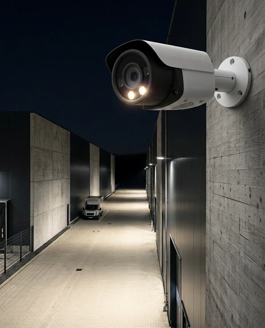 Kameraansicht bei Nacht: die Kamera beleuchtet mit Warmlicht einen Ladehof, die Warn-LEDs bleiben dunkel