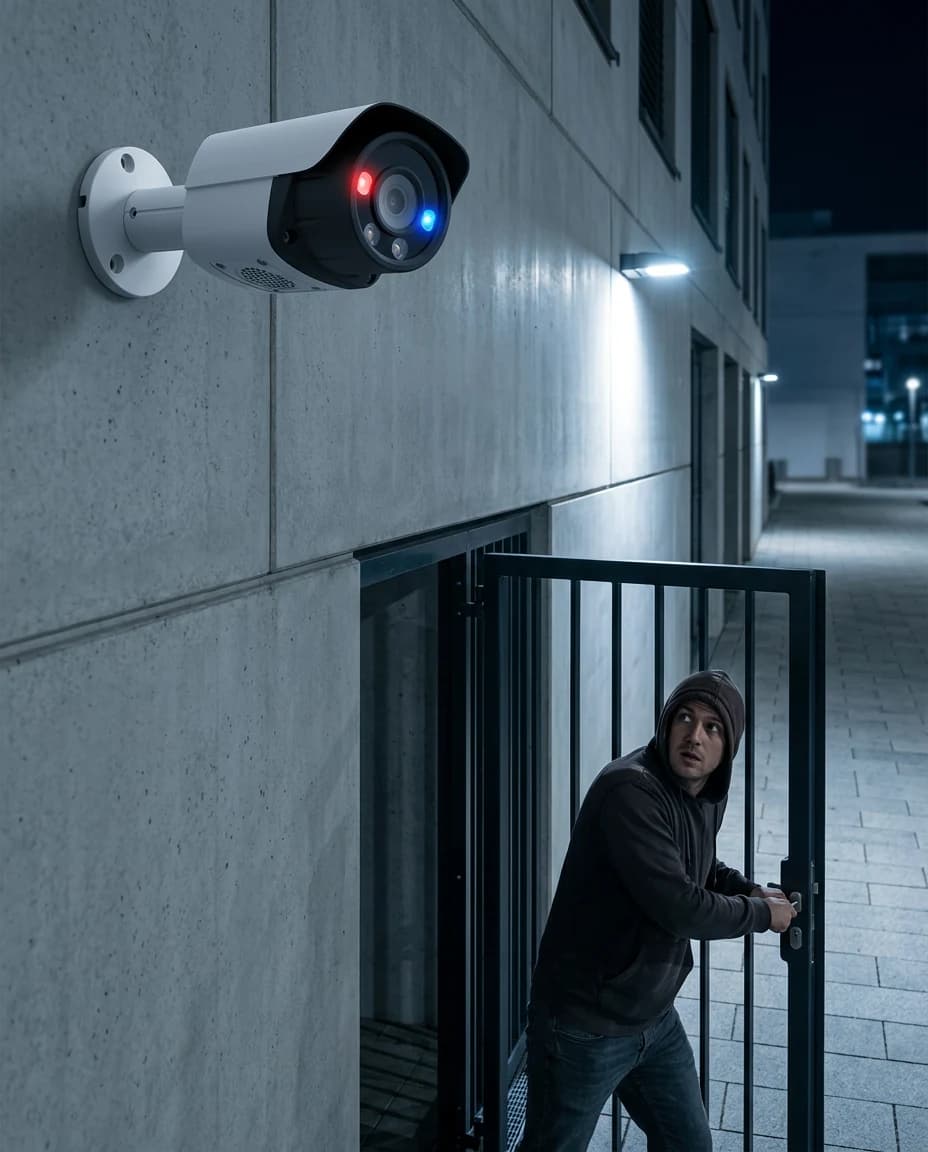 Kameraansicht bei Nacht: eine Person am Tor hält inne und blickt zur Kamera mit leuchtenden Warn-LEDs auf