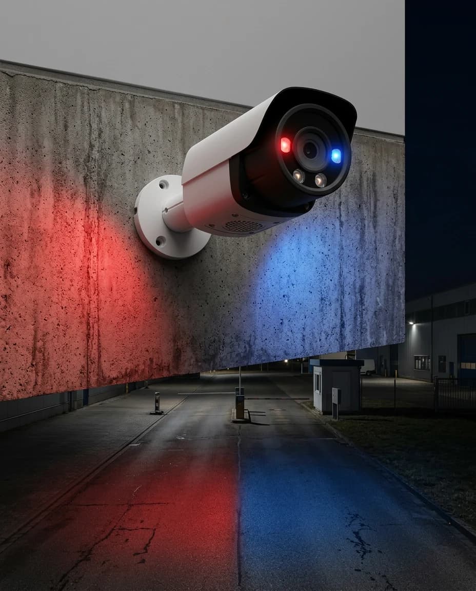 Kameraansicht bei Nacht: die Kamera wirft rotes und blaues Warnlicht auf die Wand und die Zufahrt darunter
