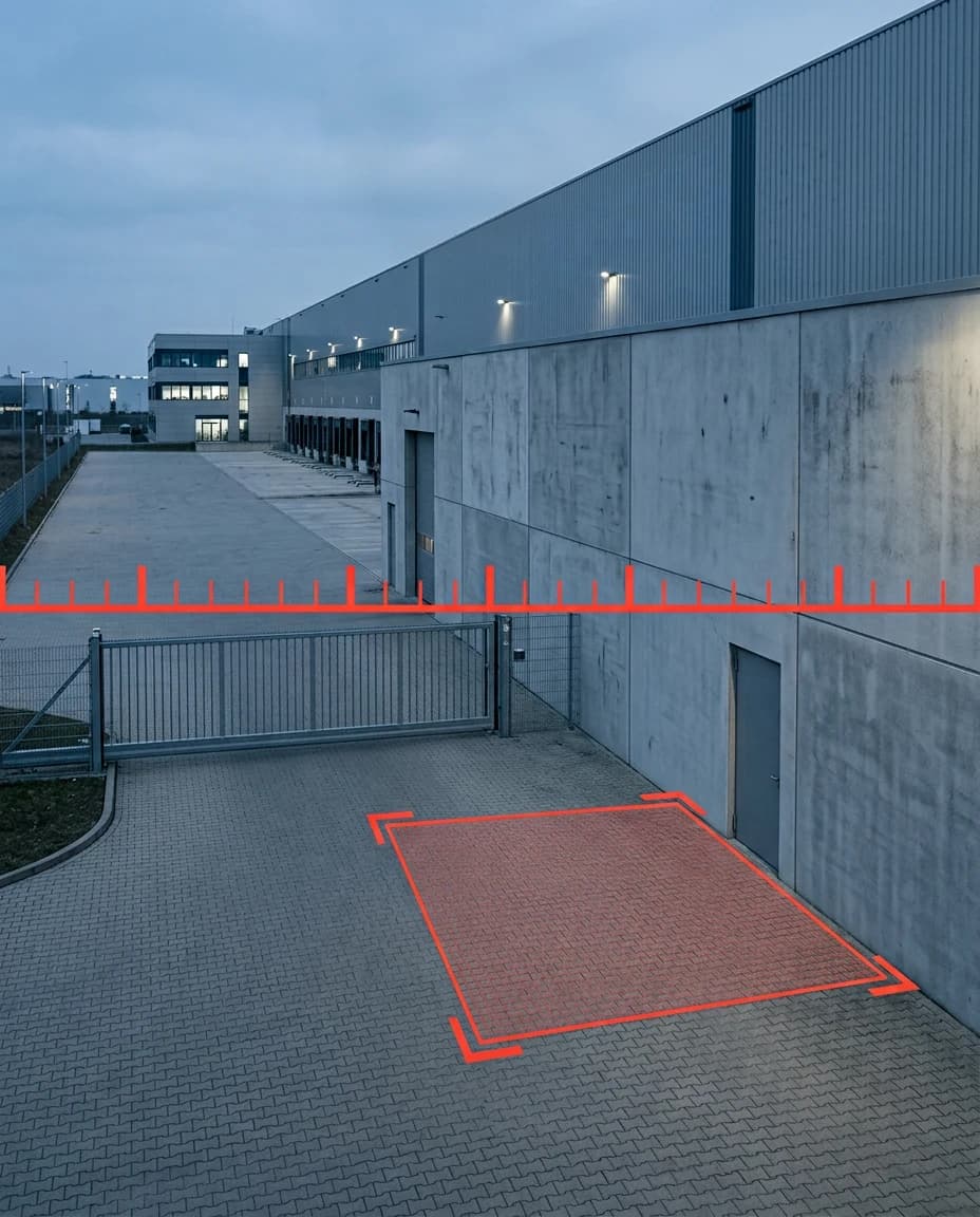 Kameraansicht auf ein Werkgelände: eine rote Schutzlinie am Tor und ein rot markierter Schutzbereich vor einer Seitentür