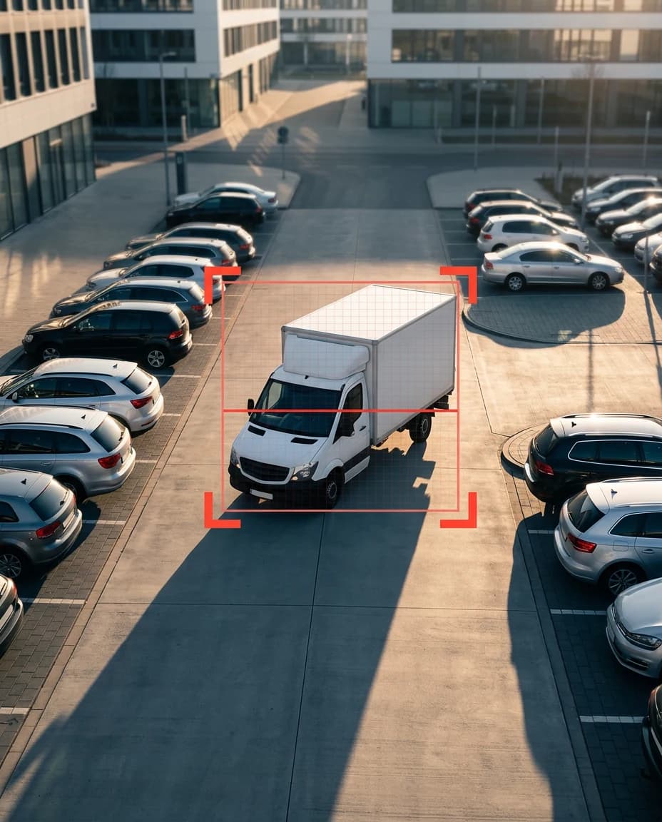 Kameraansicht von oben: ein Lieferwagen auf einem Parkplatz ist rot umrahmt, die geparkten Autos bleiben unmarkiert