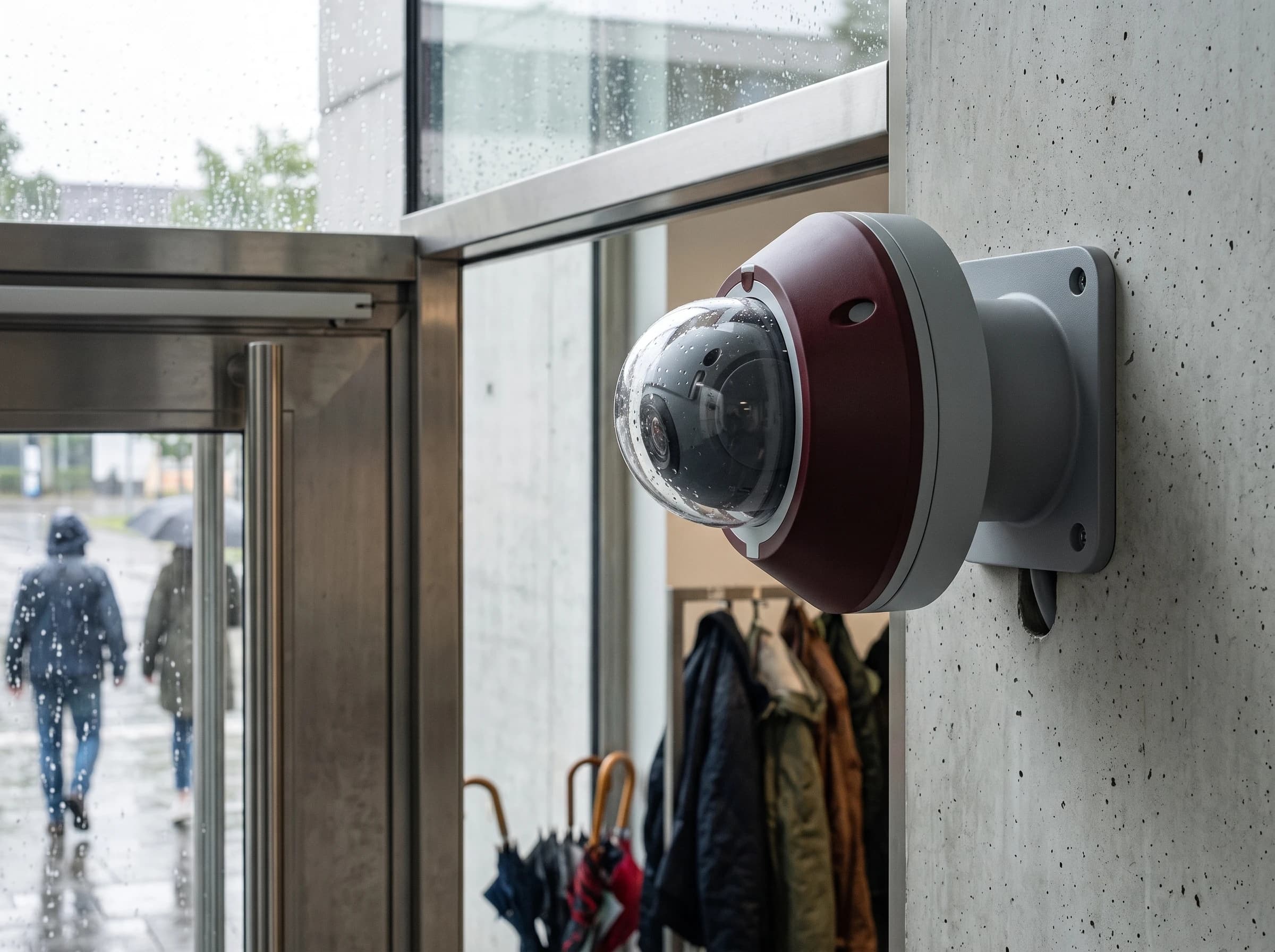 Die FC-6Z Mini überwacht einen regennassen Eingang