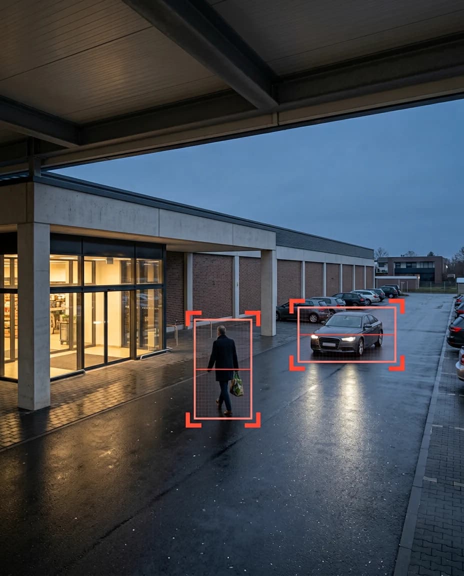 Kameraansicht auf einen Ladenvorplatz in der Dämmerung: eine Person und ein fahrendes Auto sind je rot umrahmt, die geparkten Fahrzeuge bleiben unmarkiert