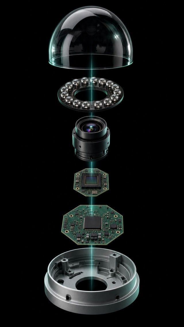 FTronics FC-8D Pro Dome-Kamera — explodierte Ansicht: Kuppel, IR-LED-Ring, Objektiv, Sensor, Mainboard, Sockel