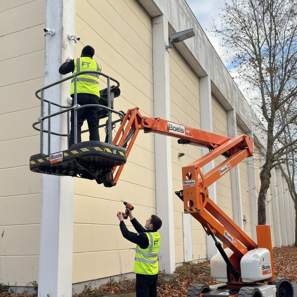 Techniker-Team bei Kamerainstallation an Bürogebäude