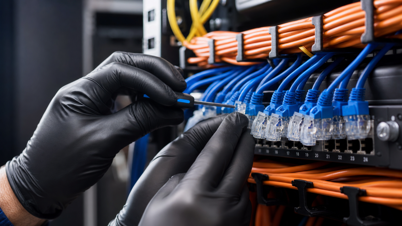 FT-Techniker verlegt CAT6-Netzwerkkabel präzise