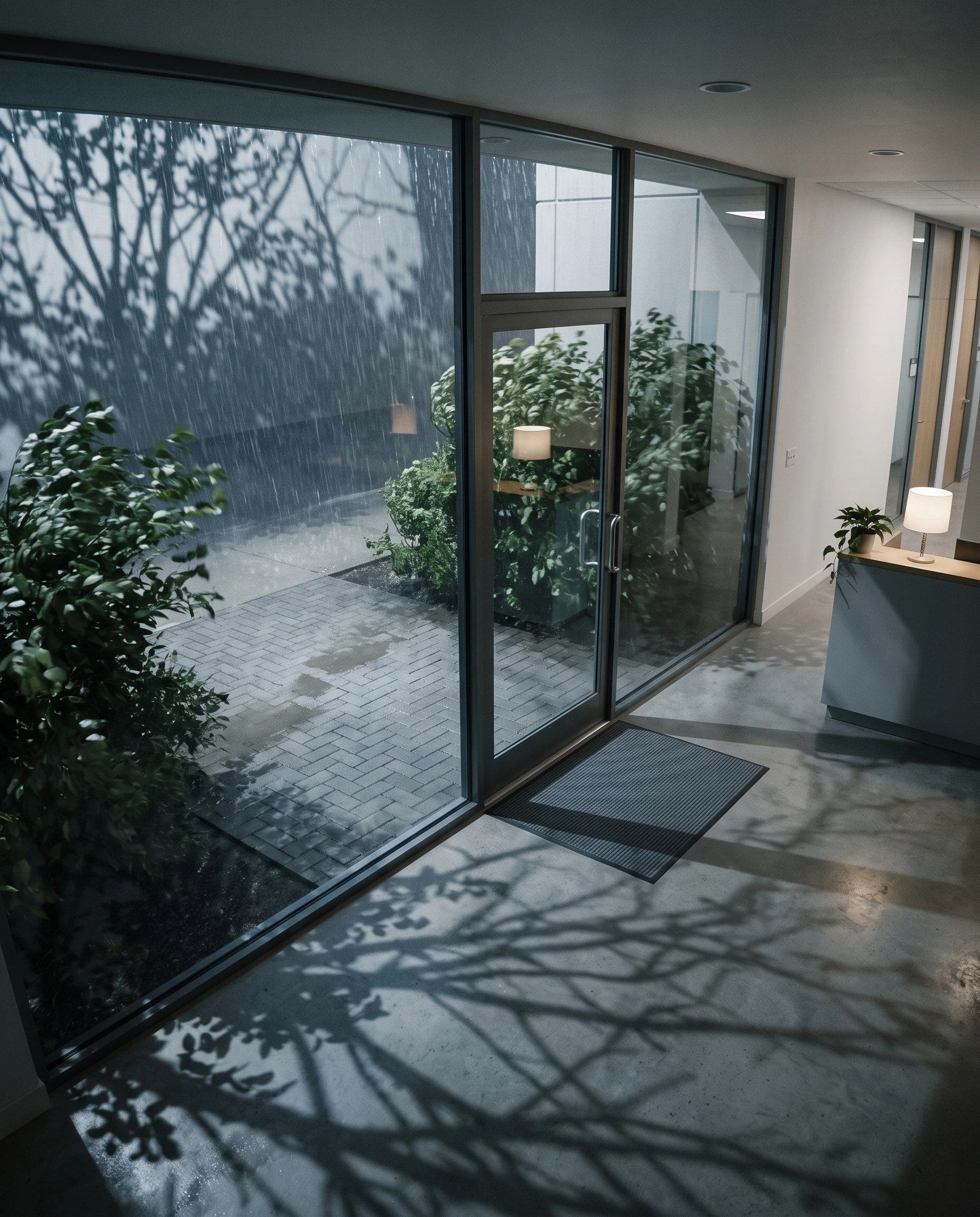 Ein leerer verglaster Eingangsbereich mit bewegten Pflanzen und Regen vor dem Gebäude