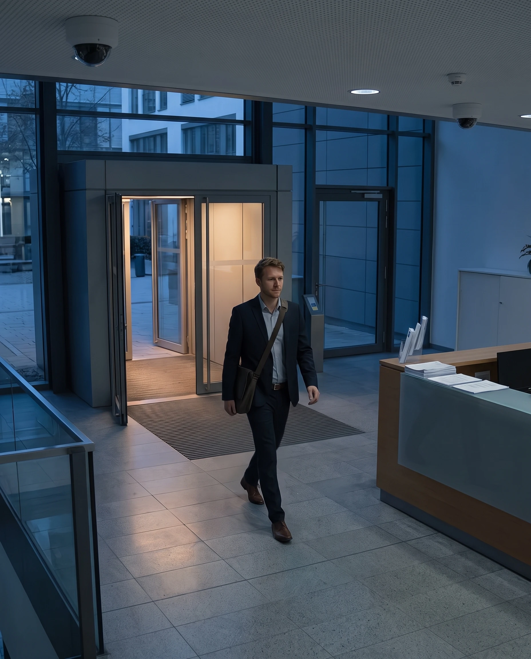 Eine Person durchquert am Abend den Eingangsbereich eines Bürogebäudes