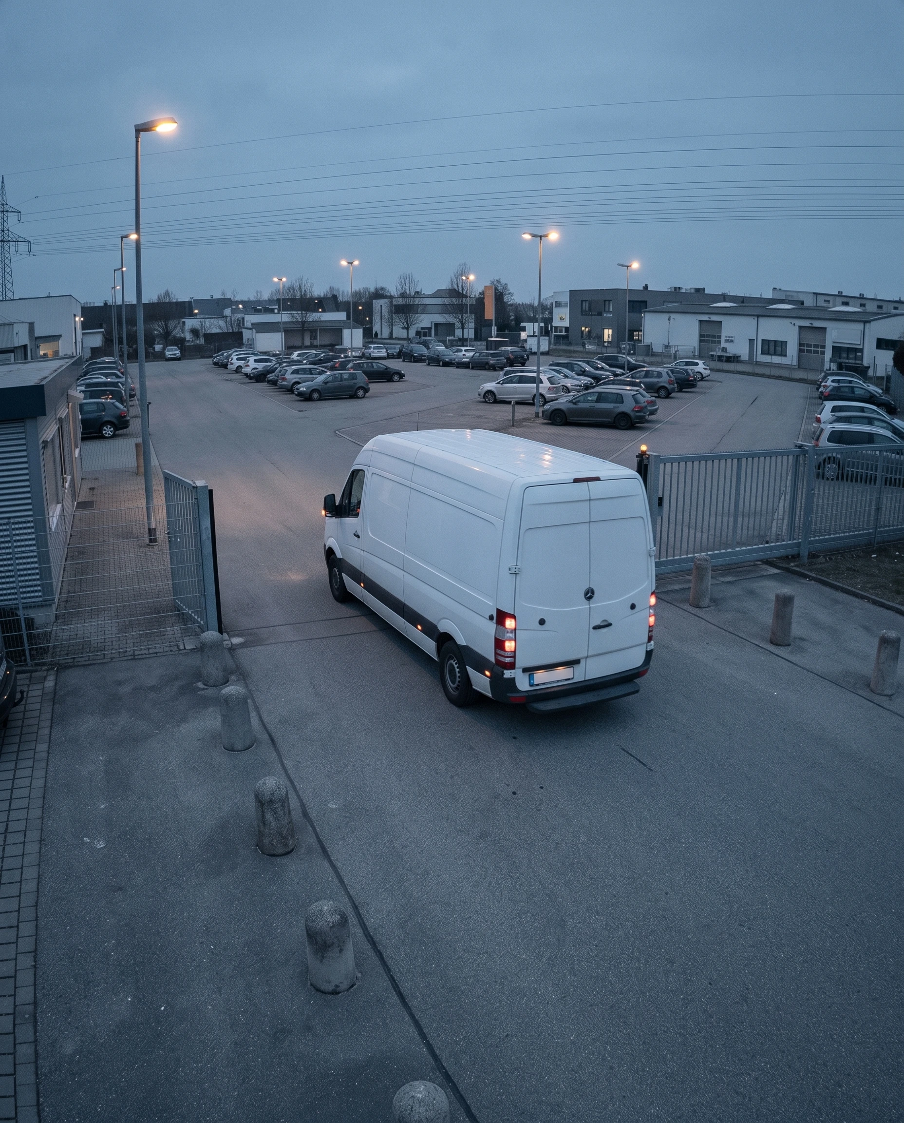 Ein Lieferwagen fährt am Abend durch die Zufahrt eines Gewerbeparkplatzes