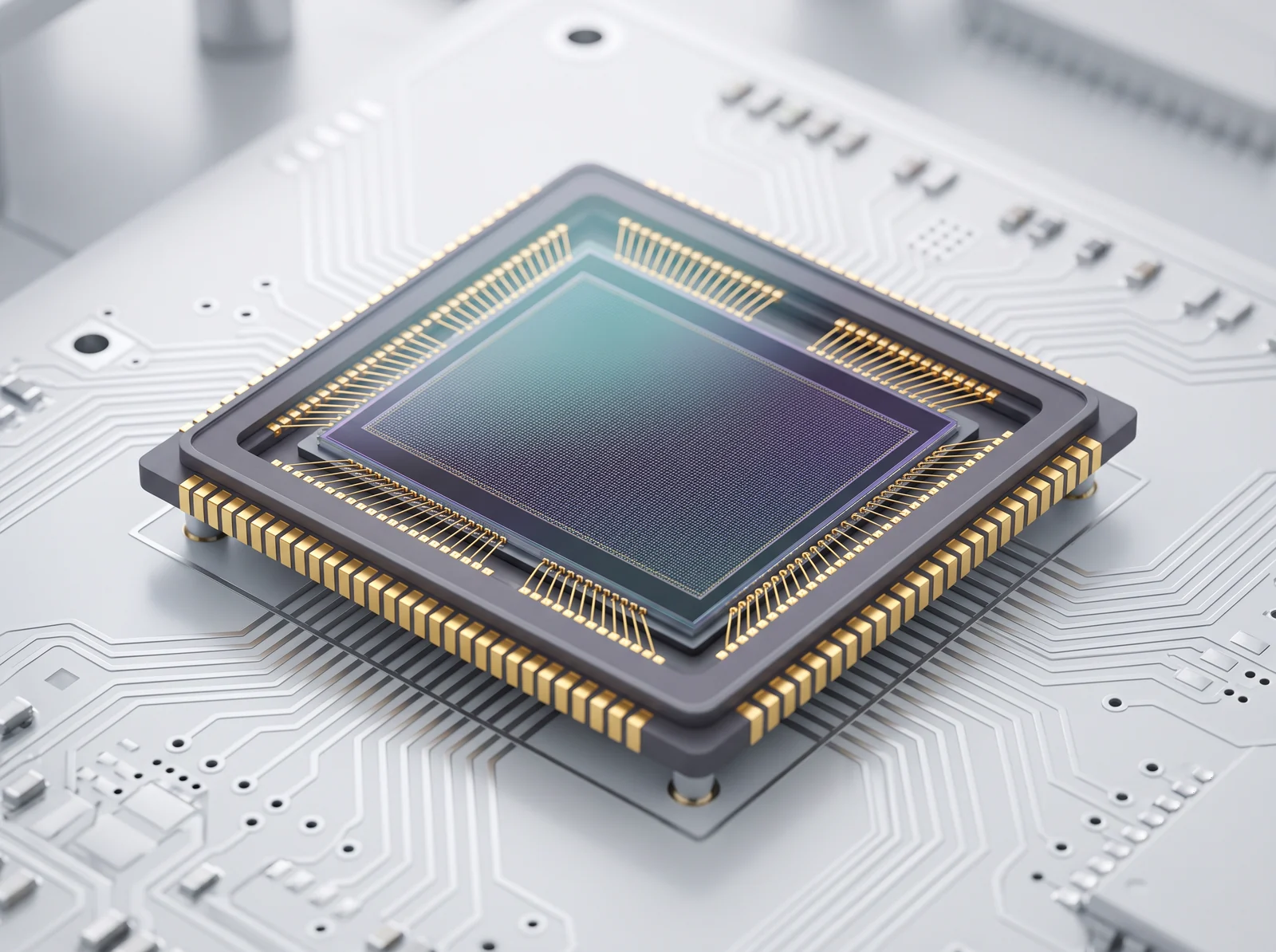 Makroaufnahme eines rückwärtig belichteten CMOS-Bildsensors mit Golddrahtkontakten